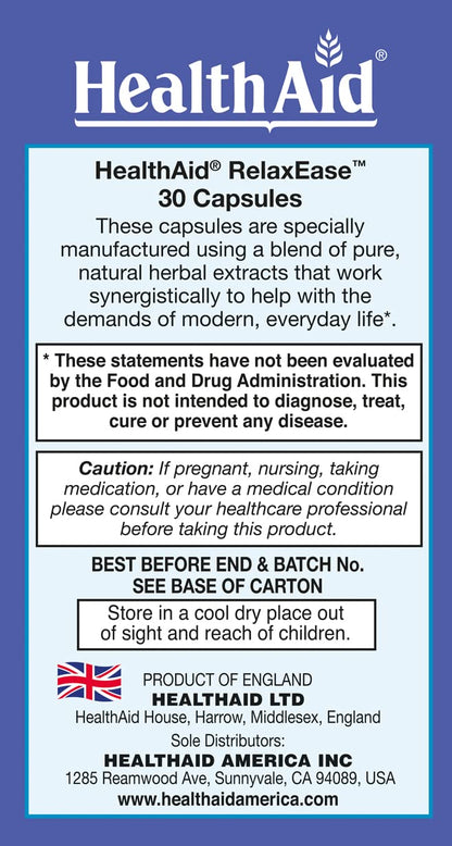 RelaxEase, Herbal Blend to Support Harmony and Tranquility, Once Daily, 30 ct, Helps Promote Health and Relaxation HealthAid buy supplements Au