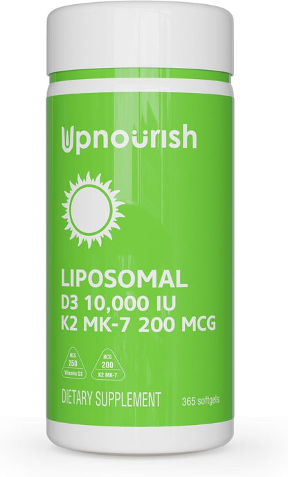 UpNourish Liposomal D3 K2 Vitamin 10000 IU D3 and K2 MK-7 200 mcg - 365 Vitamin D3 k2 (Vitamina D3 con K2) Mini Softgels - Easy to Swallow K2 D3 Vitamin Supplement