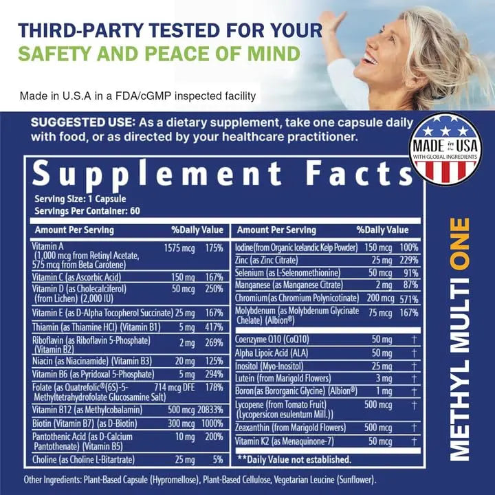 Power By Naturals Methyl Multi One - Iron-Free Methylated Multivitamin with Quatrefolic 5-MTHF, Active B12, P5P, CoQ10 & Zinc for MTHFR Support Power By Naturals