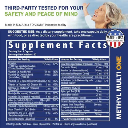 Power By Naturals Methyl Multi One - Iron-Free Methylated Multivitamin with Quatrefolic 5-MTHF, Active B12, P5P, CoQ10 & Zinc for MTHFR Support Power By Naturals