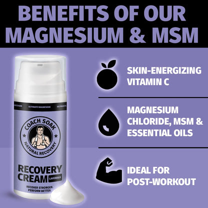 Coach Soak Magnesium Cream with MSM in Pump Bottle - Natural Recovery Cream with Magnesium Chloride & Menthol - Fast-Absorbing for Muscles & Joints, Lavender 3.4oz Coach SoakBuy Supplements Australia