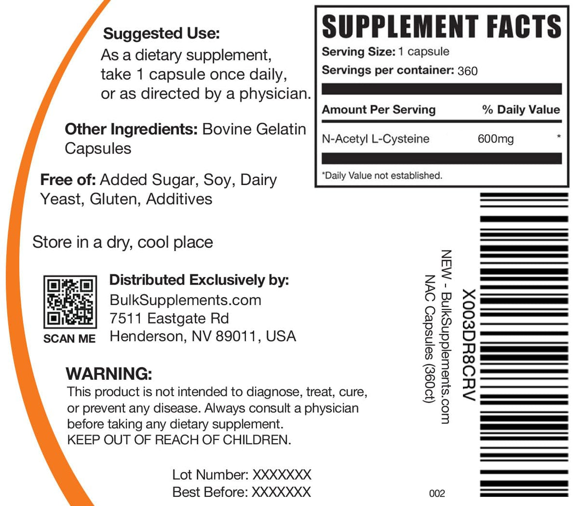 BulkSupplements.com N-Acetyl L-Cysteine Capsules - N-Acetyl Cysteine 600mg, NAC Supplement - 600mg per Capsule, Gluten Free - 1 NAC Capsule per Serving, 360 Capsules (Pack of 1)