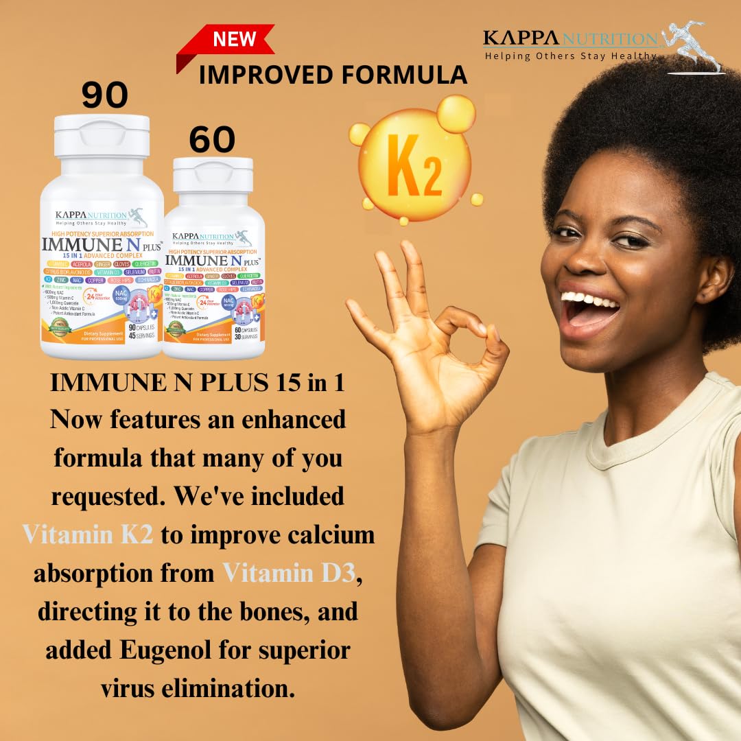 (90 Capsules), NAC 600mg, Quercetin 1,000mg, Vitamin C 500mg, Zinc 50mg, Vitamin D3 5,000iu, Selenium, Copper, Acerola, Ginger, Rutin, Citrus Bioflavonoids, Rose Hips, Echinacea, Immune N Plus 15 in 1 KAPPA NUTRITION buy supplements Au