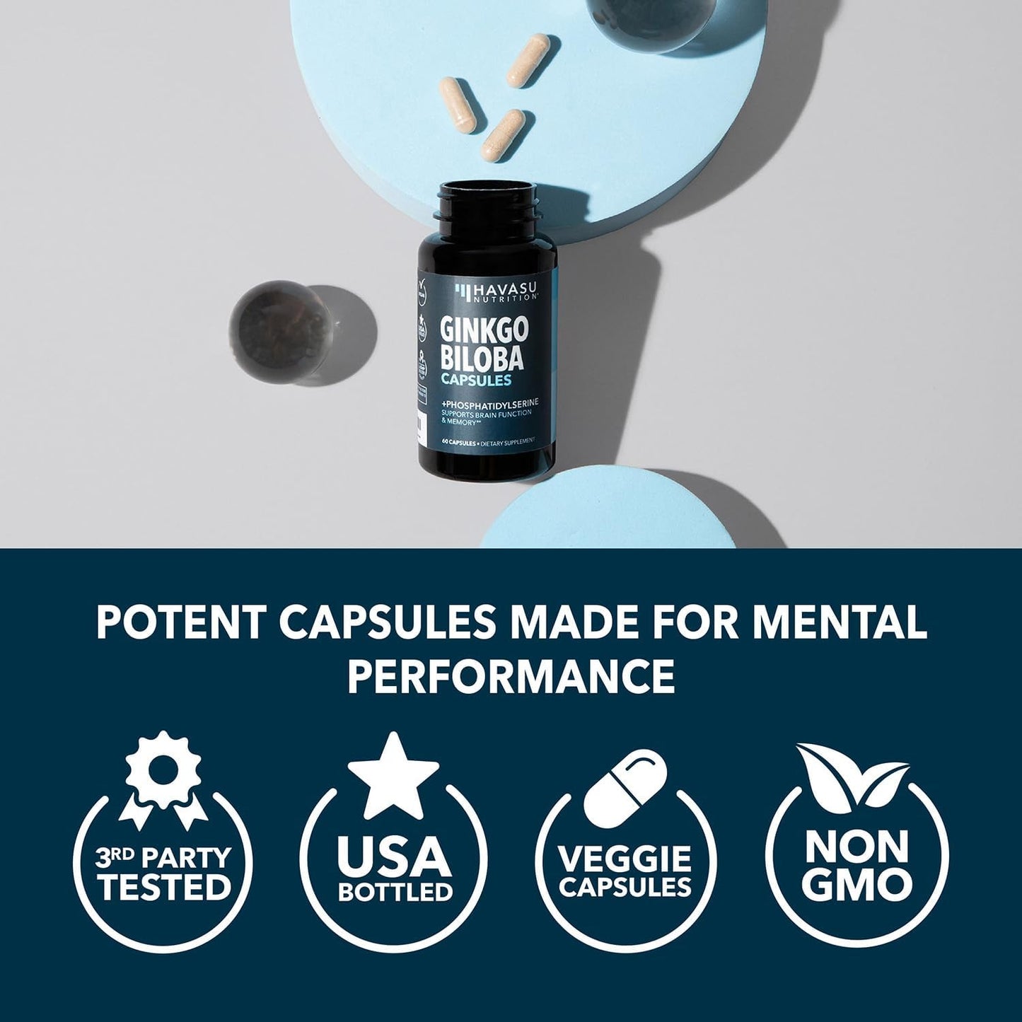 Ginkgo Biloba 120mg with Phosphatidylserine, Nootropic Supplement, 60 Count | Nootropic Brain Health, Memory and Focus Supplement, Supports Cognitive Function & Mental Clarity, 2-Month Supply