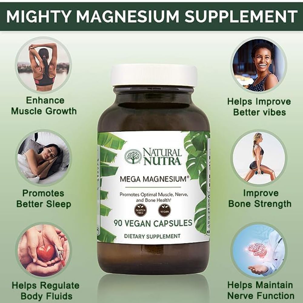 Natural Nutra Mega Magnesium 400mg Supplement - High Absorption Amino Acid Chelate, Better Vibes, Citrate, Malate Blend for Muscle Growth, Bone Strength, Heart Health, Nerve Support - 90 Capsules