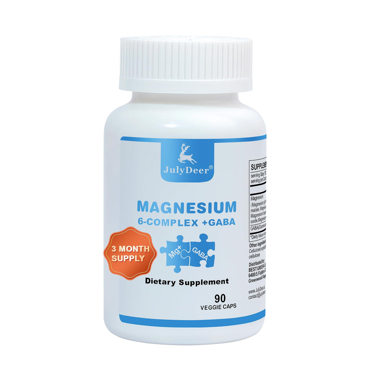 Supplement bottle labeled 'July Deer Magnesium 6-Complex + GABA' on a white background