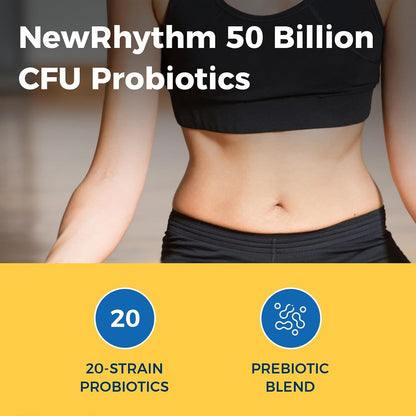 NewRhythm Probiotics 50 Billion CFU 20 Strains, 60 Veggie Capsules, Targeted Release Technology, Stomach Acid Resistant, No Need for Refrigeration, Non-GMO, Gluten Free