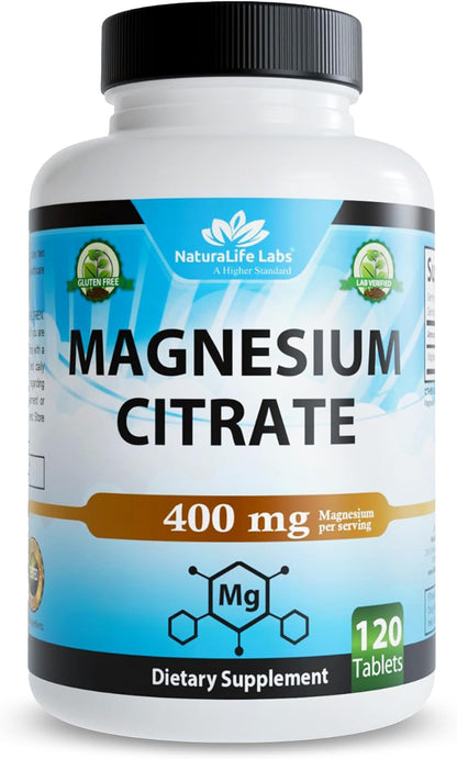 NaturaLife Labs Magnesium Citrate 400 mg per Serving – 120 Tablets, Vegan, Non-GMO