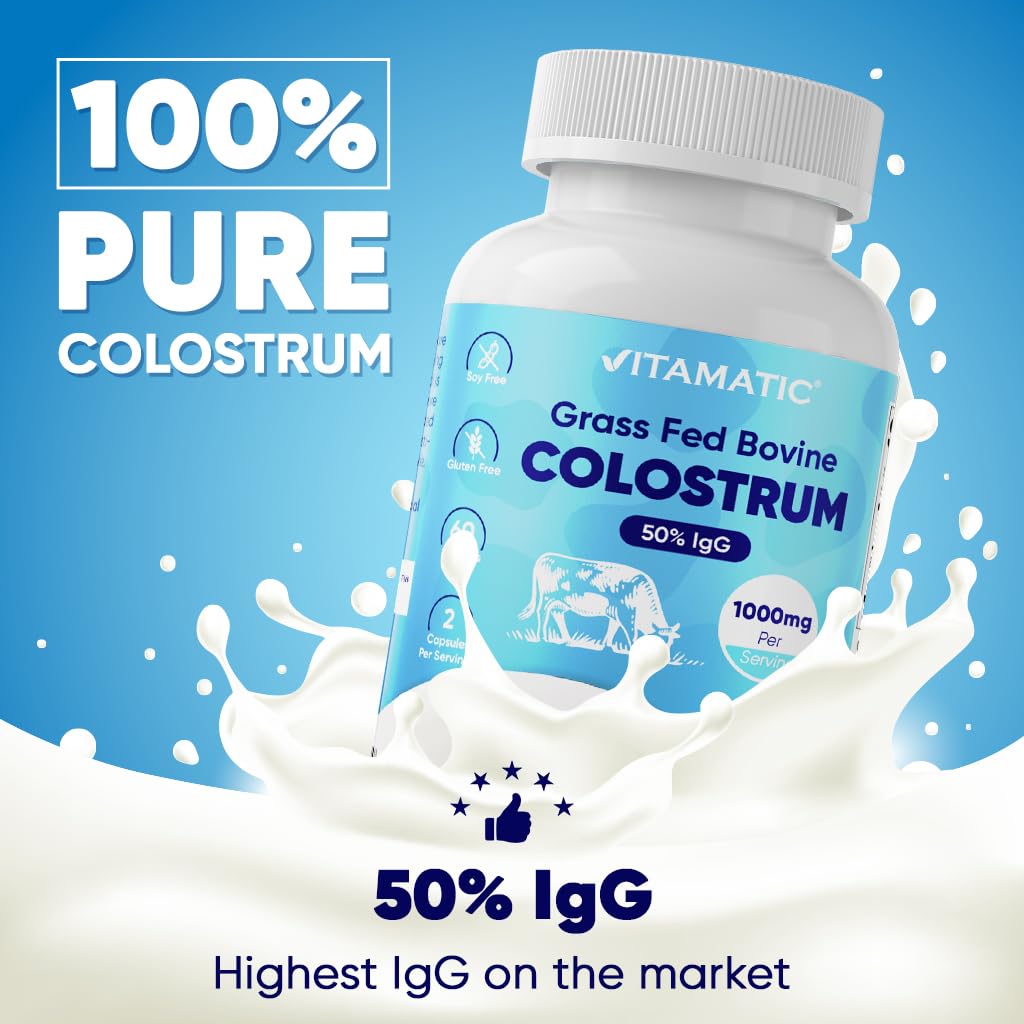 Vitamatic Bovine Colostrum Supplement 1000 mg per Serving - 50% Highest IgG - Supplement for Gut Health, Hair Growth, Beauty, Muscle Recovery, & Immune Support - 120 Capsules - 2 Pack VitamaticBuy Supplements Australia