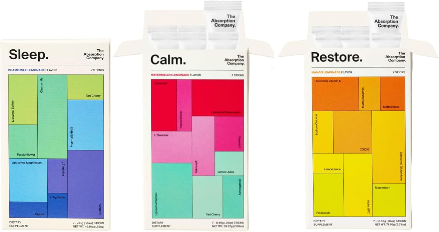 Calm Drink Mix - Supports Cortisol Regulation - Watermelon Lemonade & Electrolyte Powder Packets - Workout Recovery - Mango Lemonade & Sleep Aid Powder - Improve Sleep - Chamomile Lemonade (7 Sticks)