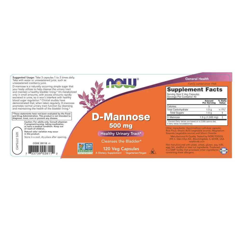 NOW Foods Supplements, D-Mannose 500 mg, Non-GMO Project Verified, Healthy Urinary Tract*, 120 Veg Capsules (Pack of 3)