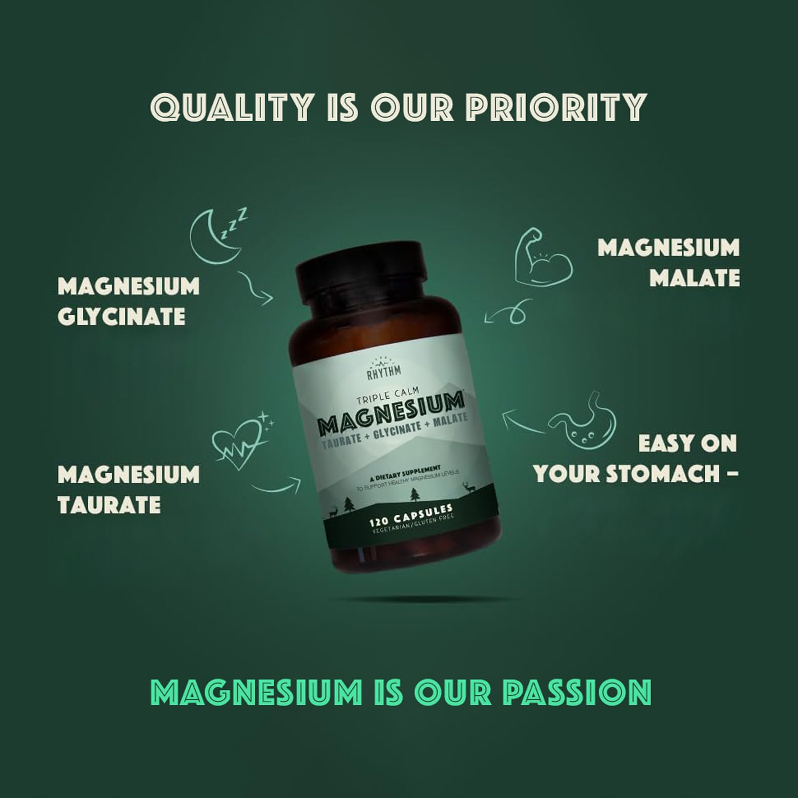 Natural Rhythm Triple Calm Magnesium Complex - 120 Capsules, Chelated Magnesium Glycinate, Taurate & Malate, High Absorption Supplement for Sleep, Stress, Muscle & Heart Support, Non-GMO, Vegan Natural Rhythm buy supplements Au