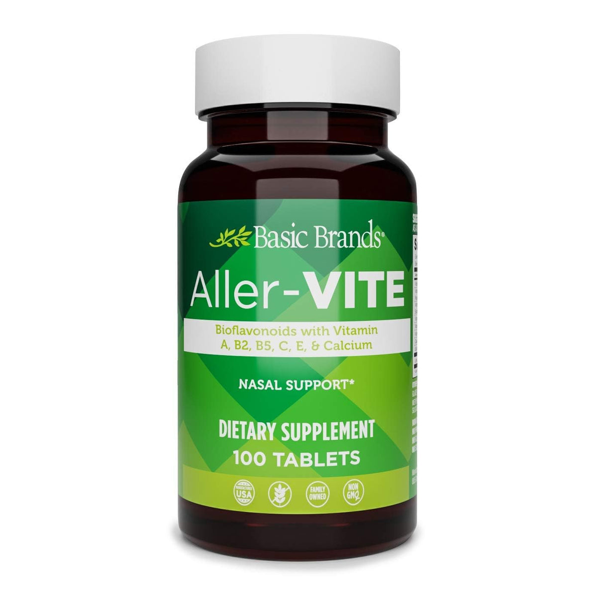 Supplement bottle labeled 'Aller-Vite' by Basic Brands on a white background