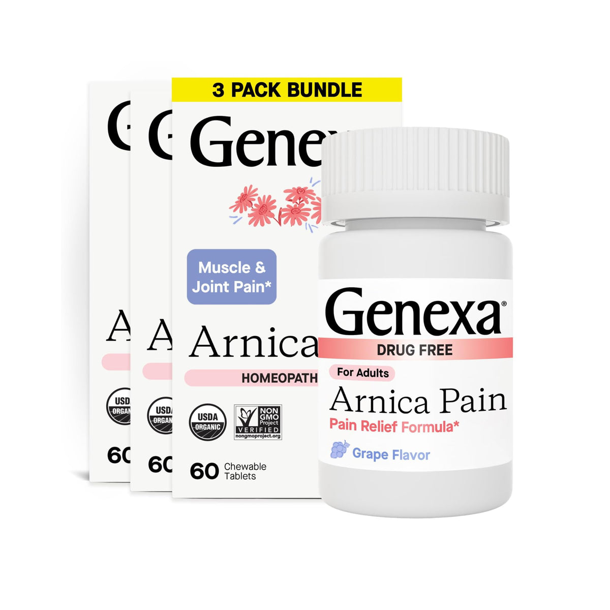 Genexa Arnica Tablets for Pain Relief Formula | Alleviate Muscle & Joint Pain, Soreness, & Stiffness | Delicious Organic Grape Flavor | Homeopathic Remedy Made Clean | 300 Chewable Tablets (3 Pack) GenexaBuy Supplements Australia