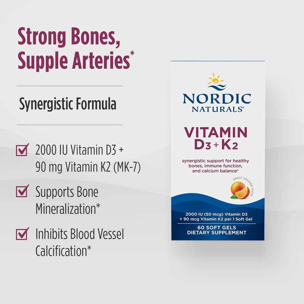Nordic Naturals Vitamin D3 + K2, 2000 IU D3, Orange - 60 Softgels | Bone Health. Immune Support. Calcium Balance. Synergistic D3 + K2. Non-GMO. Plant-Based K2 MK-7. Orange Flavor Softgels.