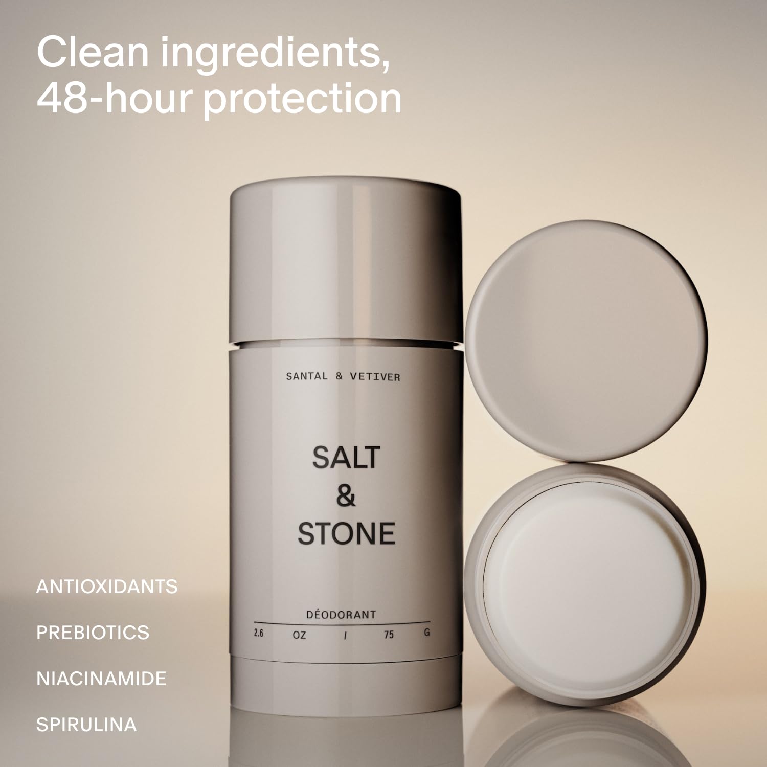 Salt & Stone Aluminum Free Deodorant | Extra Strength 48 Hour Protection for Women & Men | Made with Seaweed Extracts, Niacinamide & Prebiotics | Santal & Vetiver Salt & StoneBuy Supplements Australia