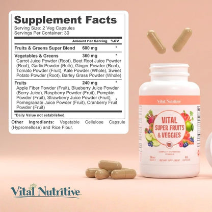 Vital Super Fruits & Veggies - Daily Superfood Capsules for Adults - Fruit & Vegetable Supplements to Boost Immunity & Energy - 2-in-1 Formula for Overall Wellness VITAL NUTRITIVE buy supplements Au
