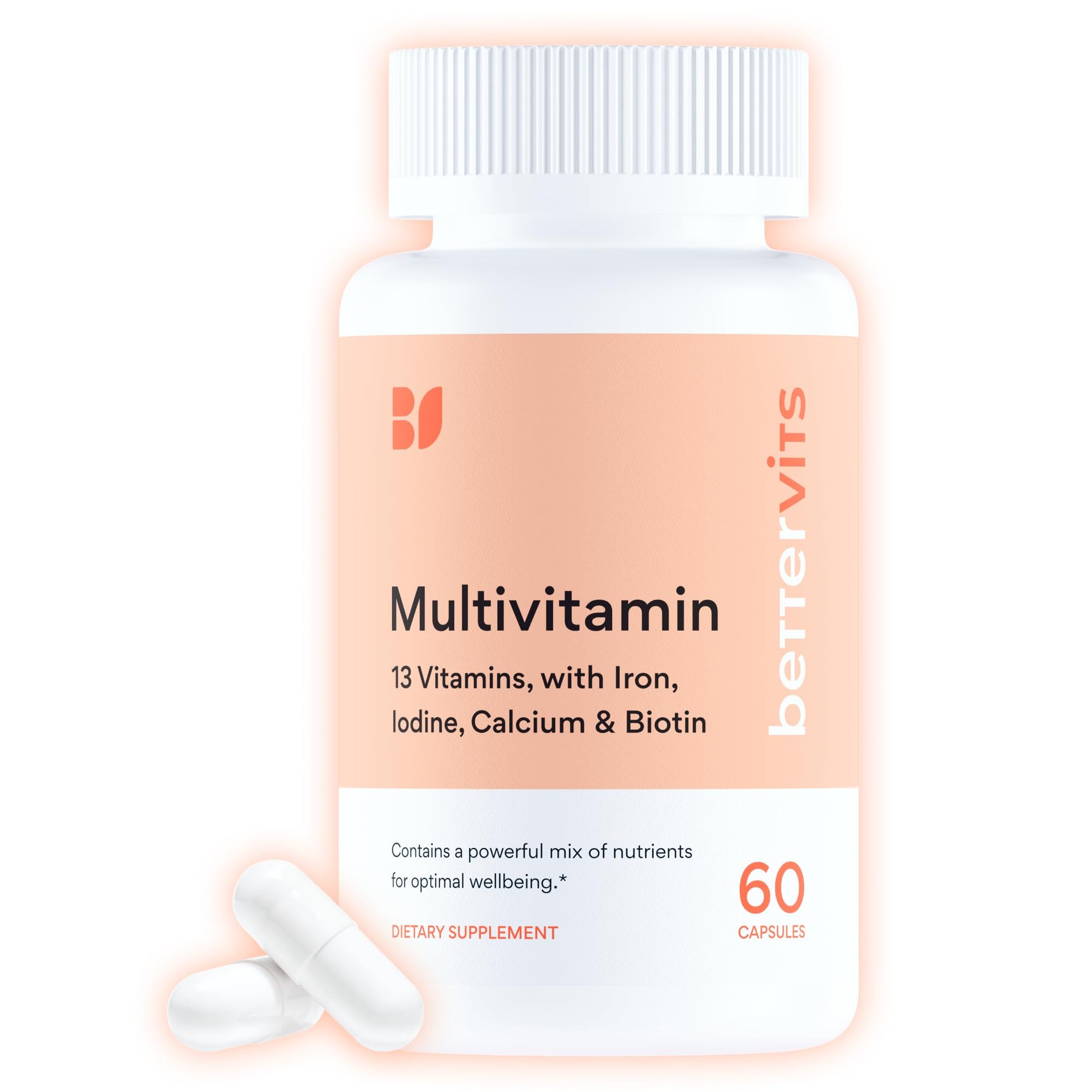 Multivitamin supplement bottle with white capsules on a light pink background