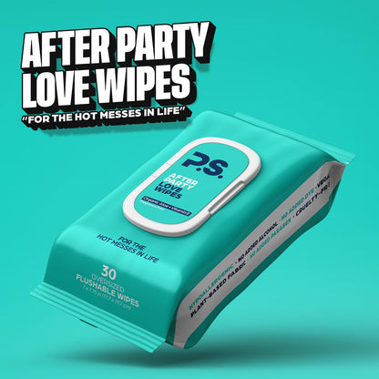 PS Afterparty Love Wipes for Adults, Aloe & Vitamin E, 30 Count, 1 Pack | Plant based, vegan & pH balanced, paraben free, sulfate free, dye free, flushable & septic safe, oversized 7 x 7.75 in