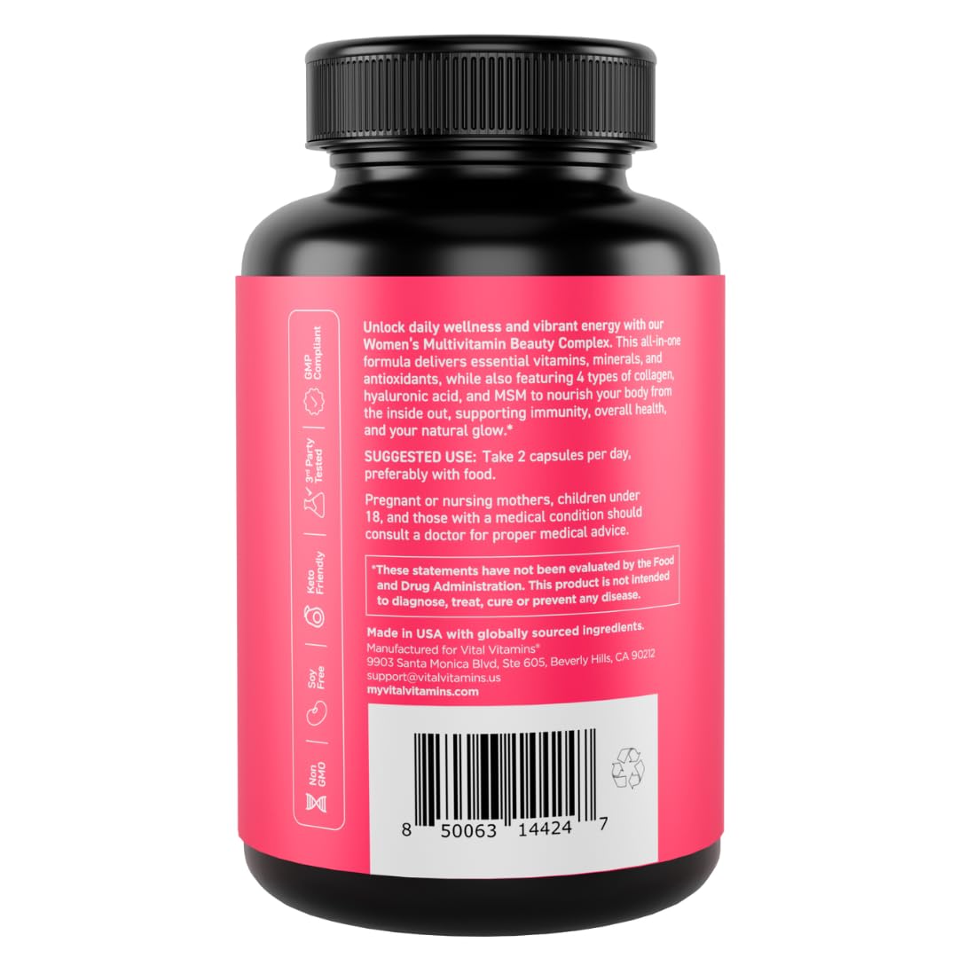 Vital Vitamins Women's Multivitamin Complex - Made with Multi-Collagen Blend, Hyaluronic Acid, & MSM - Beauty Multivitamins - with Vitamin A, C, E, B6, B12, D3-60 Capsules Vital Vitamins buy supplements Au