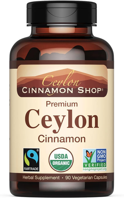 Organic Ceylon Cinnamon Capsules, USDA Certified Supplement - 90 Count | Premium Grade, True Sri Lankan Variety, Cinnamomum Verum, All-Natural, Non-GMO, Gluten Free, Made in the USA (GMP)