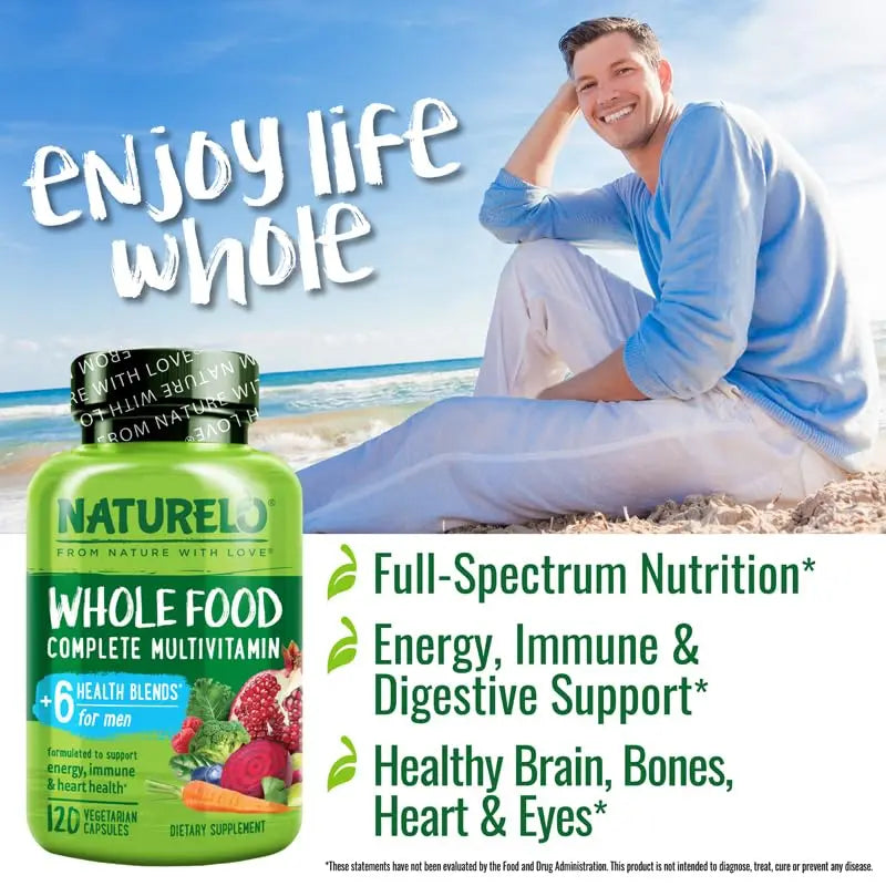 NATURELO Mens Multivitamins - Whole Food Multivitamin for Men with Vitamins, Minerals - 120 Vegetarian Capsules for Energy, Brain, Heart, Eye Health* NATURELO