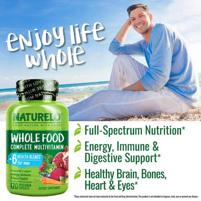 NATURELO Mens Multivitamins - Whole Food Multivitamin for Men with Vitamins, Minerals - 120 Vegetarian Capsules for Energy, Brain, Heart, Eye Health* NATURELO