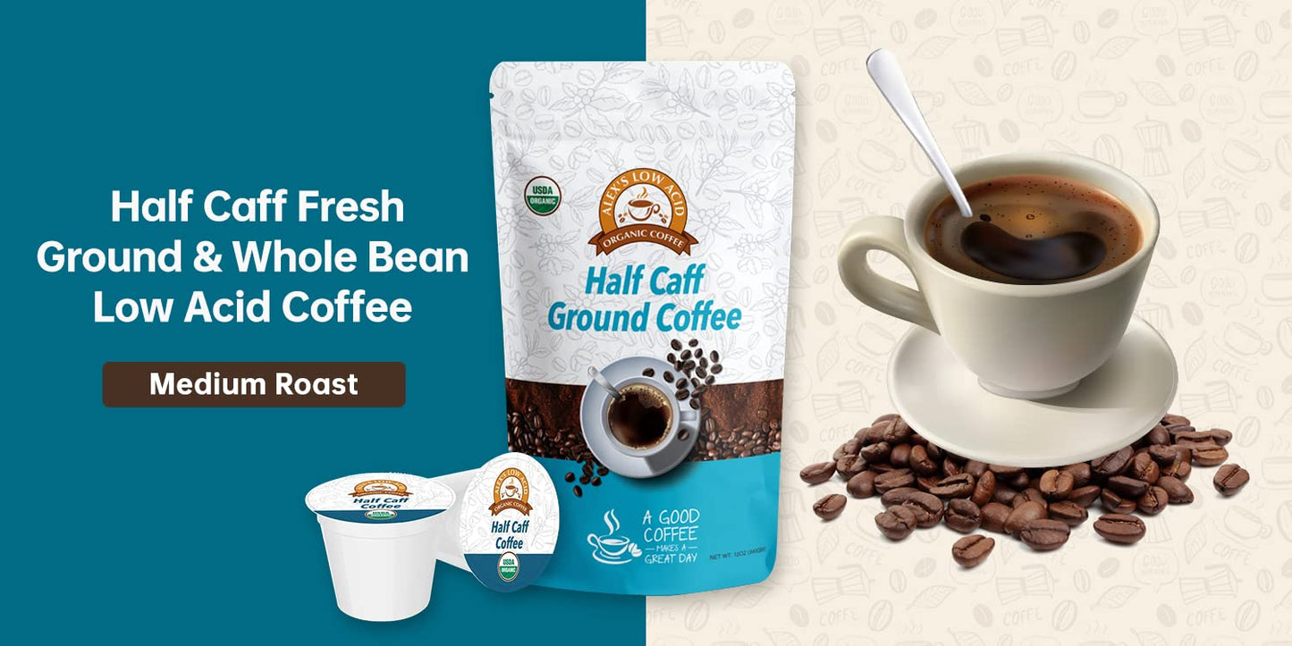 Alex's Low Acid Organic Coffee 12oz Bag - Half Caff Fresh Ground (Pack of 1)