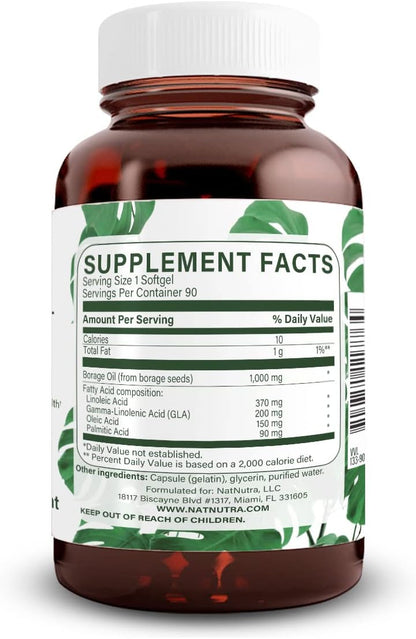 Natural Borage Oil Supplement, Omega-6 Fatty Acid, 90 Softgels | Rich in gamma-linolenic acid (GLA), Supporting Skin, Nerve, & Joint Health