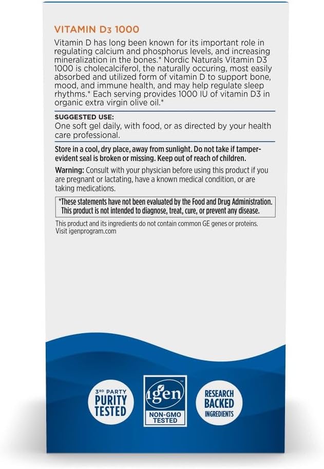 Nordic Naturals Vitamin D3 1000 IU, Orange - 120 Mini Soft Gels | Vitamin D3 supports healthy bones, positive mood & immune system function. Orange flavor mini soft gels. 120 servings