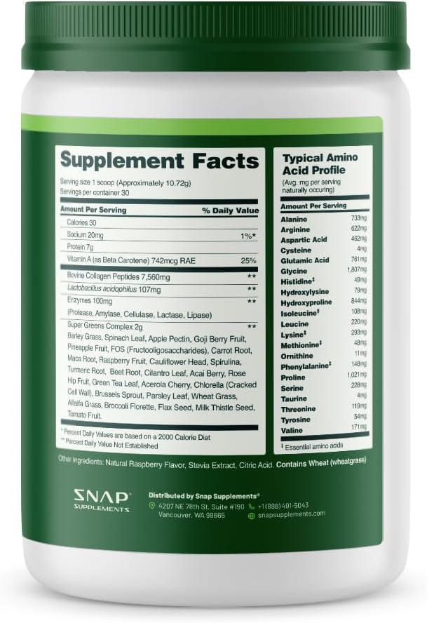 Snap Supplements Super Greens Powder with Collagen Peptides, 11.34 oz | 26 Fruits and Vegetables, Grass Fed, Non-GMO Daily Greens for Hair, Skin, Nails & Joint Support, 30 Servings, 1 Month Supply