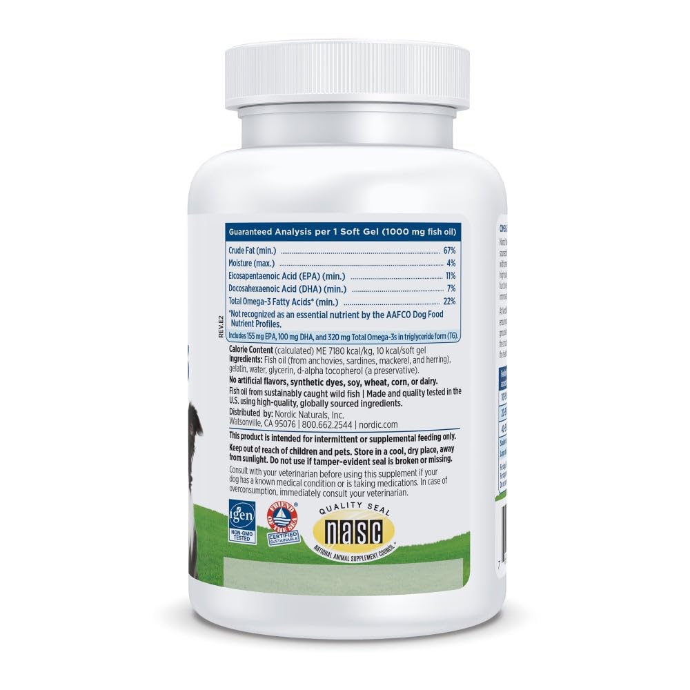 Nordic Naturals Omega-3 Fish Oil for Dogs with EPA + DHA - 180 Count | Easy-to-give soft gel capsules deliver 320 mg omega-3 per serving to support heart, skin, coat, and immune health in dogs
