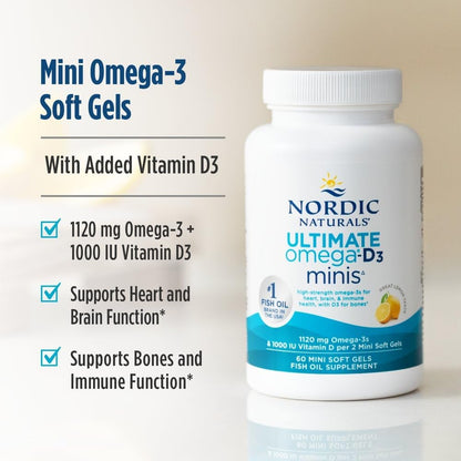 Nordic Naturals Ultimate Omega 2X Mini D3, 1120mg+1000IU, Lemon - 60 Count | Ultimate Omega mini soft gels with 1120mg EPA+DHA + 1000 IU D3. Supports brain, heart, bone & immune health. Lemon, 60ct