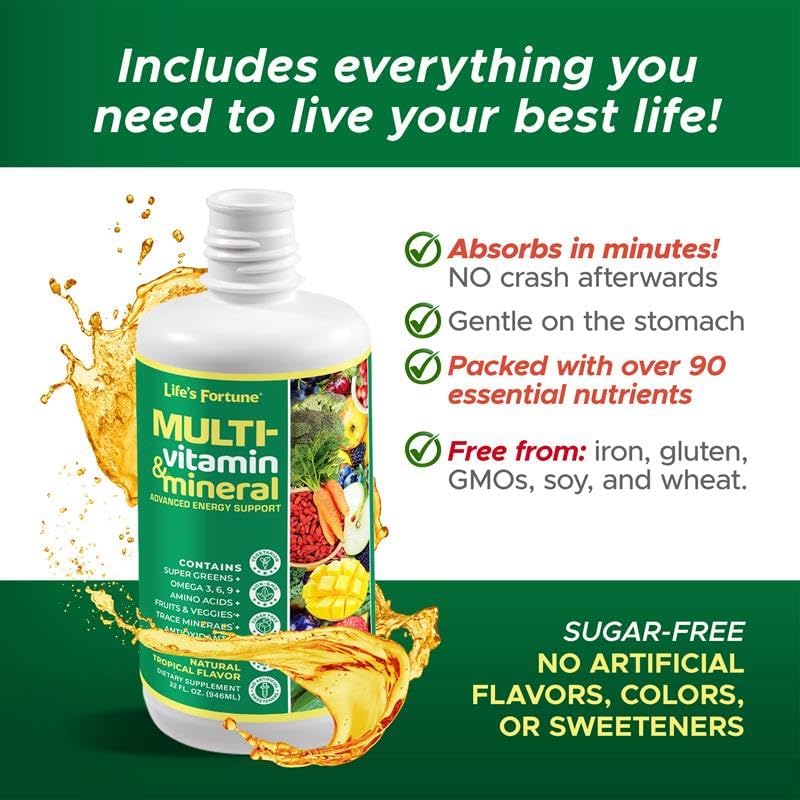 Life’s Fortune Liquid Multivitamin for Adults and Seniors – Fast Absorption Vitamins and Minerals with 90+ Nutrients for Energy and Immune Support – Easy to Digest, Sugar Free, Tropical Flavor, 32 oz
