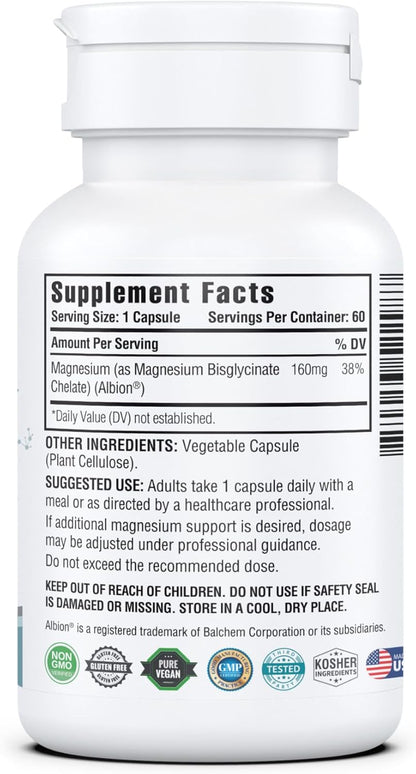 Kappa Nutrition, Magnesium Glycinate 60 Vegan Capsules, 160 mg Elemental | High-Absorption Chelated Magnesium | 1 Capsule Daily | Non-GMO, Vegan, Gluten-Free | Made in USA with Canadian Magnesium