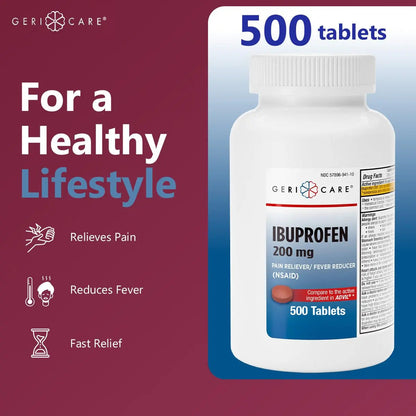 GeriCare Ibuprofen 200mg, Pain Reliever, Fever Reducer, Relieves Body Aches, 500 Count (Pack of 1) GeriCareBuy Supplements Australia