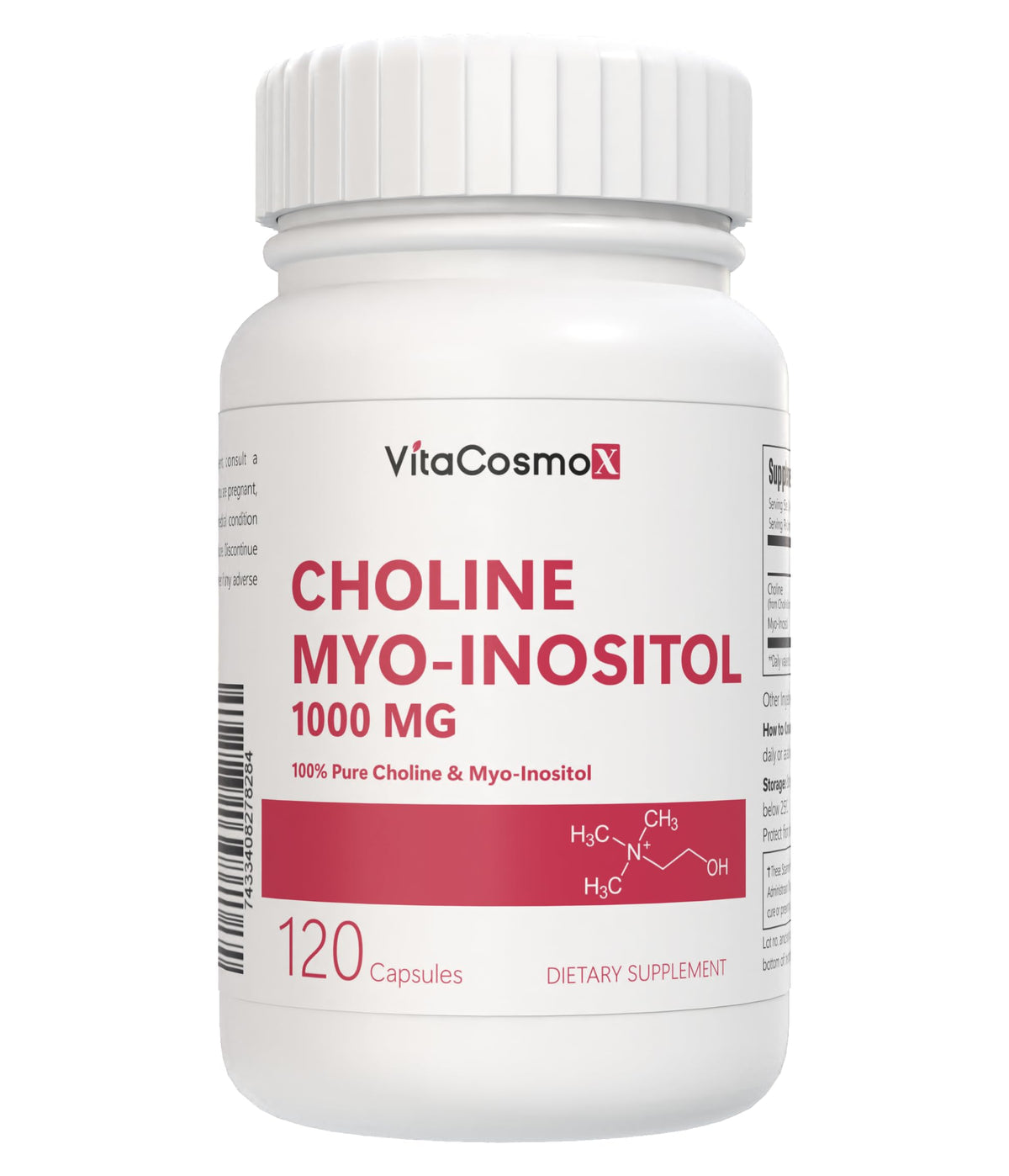 VitaCosmoX Choline Myo-Inositol 1000 mg supplement bottle on a white background