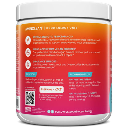 AminoLean Pre Workout Powder & Natural Amino Energy with Vegan BCAA + EAA | Jitter-Free Preworkout Energy from Green Tea + Amino Acids & Weight Management for Women & Men - Vegan, Zero Sugar, No Crash