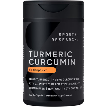 Sports Research® Turmeric Curcumin C3 Complex® w/BioPerine Black Pepper Extract & Organic Coconut Oil - Standardized 95% Curcuminoids · Non-GMO · Gluten Free - 120 Count Softgels Sports Research buy supplements Au