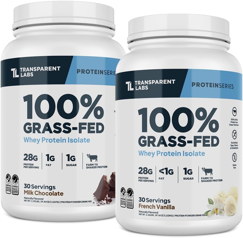 Transparent Labs Grass-Fed Whey Protein Isolate (30 Servings, French Vanilla) & Grass-Fed Whey Protein Isolate (30 Servings, Milk Chocolate)