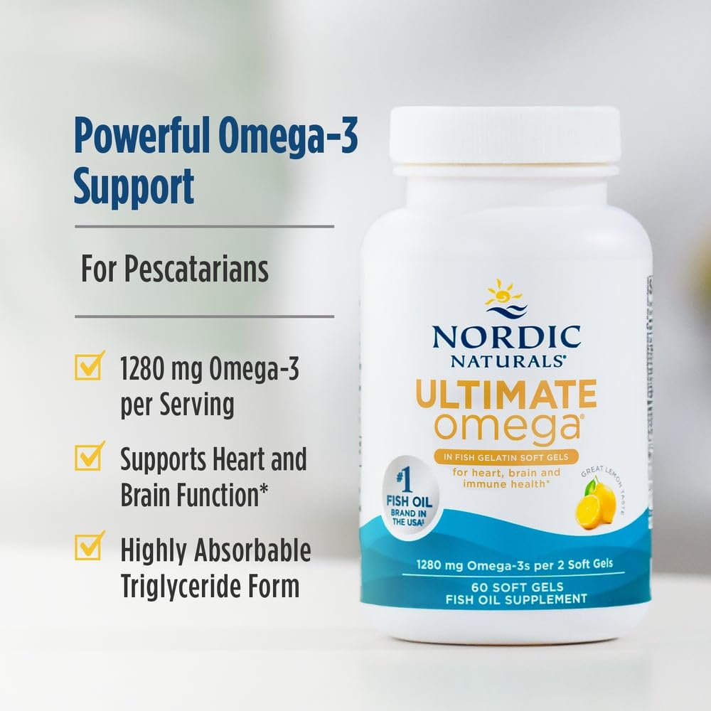 Nordic Naturals Ultimate Omega in Fish Gelatin, Lemon Flavor - 60 Soft Gels - 1280 mg Omega-3 - High-Potency Fish Oil Supplement - EPA & DHA - Promotes Brain & Heart Health - Non-GMO - 30 Servings Nordic NaturalsBuy Supplements Australia