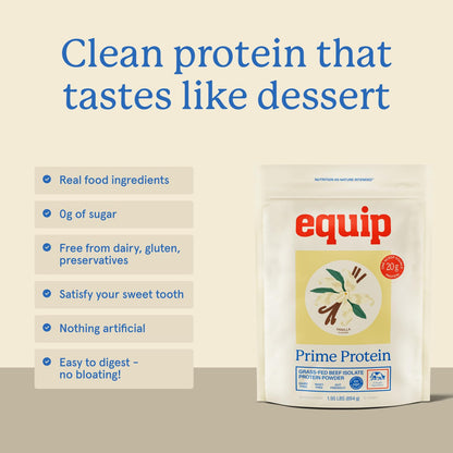 Equip Prime Chocolate Protein Powder - Gut-Friendly, No Sugar Protein Shake Powder with Grass-Fed Beef & Natural Collagen - Rich & Creamy Mix - 21g Per Serving - Whey & Dairy-Free (30 Scoops)