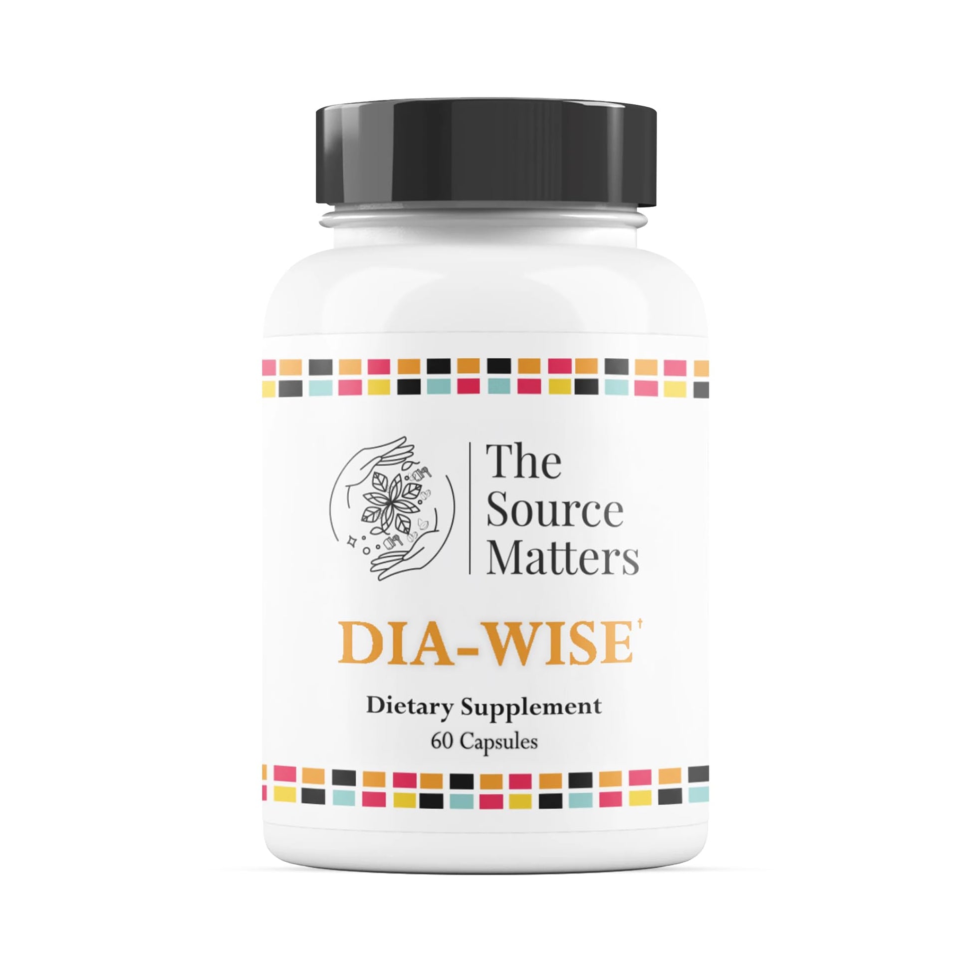 DIA-WISE dietary supplement bottle with 'The Source Matters' branding on a white background
