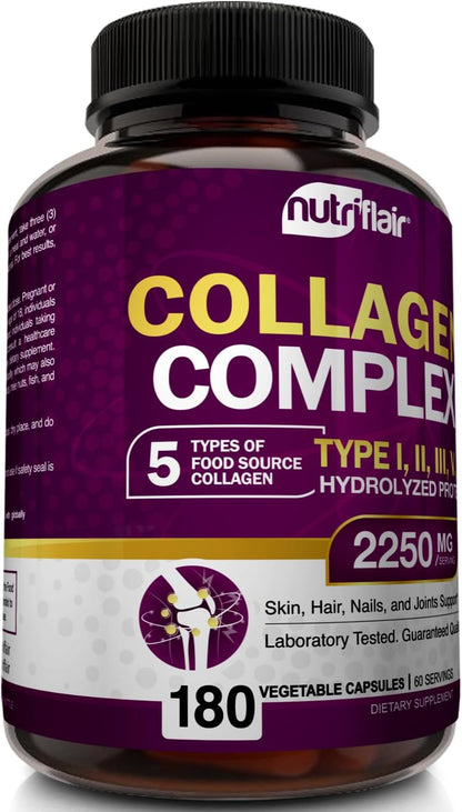 NutriFlair Multi Collagen Peptides 2250mg - Type I, II, III, V, X - Collagen Supplements Complex Powder Pills for Women and Men - Hydrolyzed Protein, Healthy Hair, Skin, Nails - Non-GMO (180 Capsules)