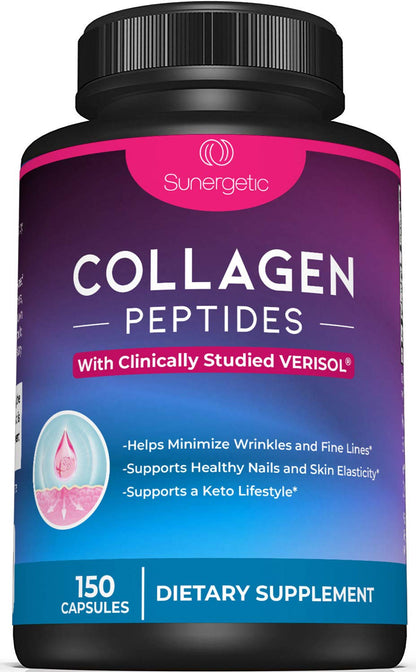 Sunergetic Premium Collagen Peptides Capsules – 2500 mg of VERISOL Collagen Peptides Type 1 & Type 3 – Multi Collagen Supplement to Support Joint Health, Hair, Skin & Nails – 150 Collagen Capsules Sunergetic buy supplements Au