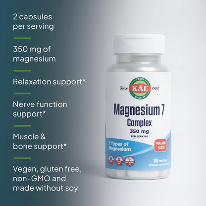 KAL Magnesium Complex 7 - Total Complex with Magnesium Glycinate, Citrate, Malate and More - Relaxation and Whole Body Support Supplements - Vegan, 60-Day Guarantee - 60 Servings - 120 VegCaps KAL buy supplements Au