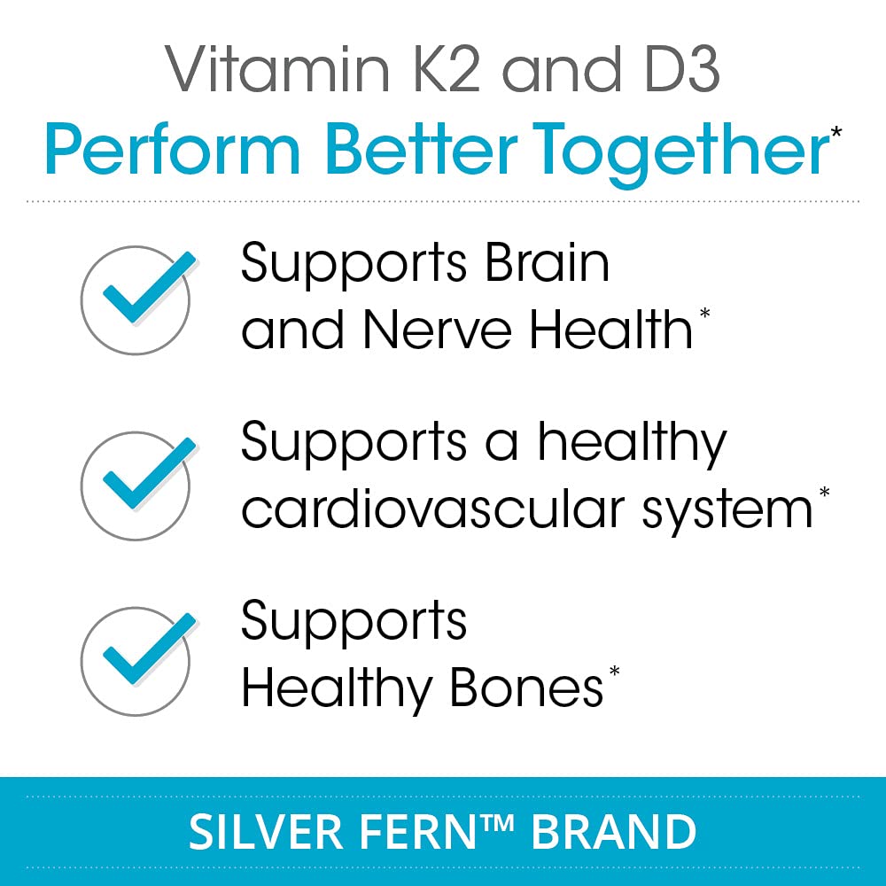 Silver Fern Vitamin K2-D3 Supplement Brand - Natural, Non-Synthetic - K2-7 as Menaquinone-7 (MK-7) - D3 as cholecalciferol - Bone, Heart & Energy Support (1 Bottle - 30 Capsules - 30 Servings) Silver Fern buy supplements Au