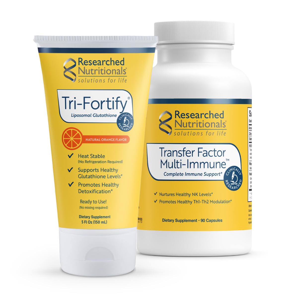 Two supplement bottles from Researched Nutritionals on a white background