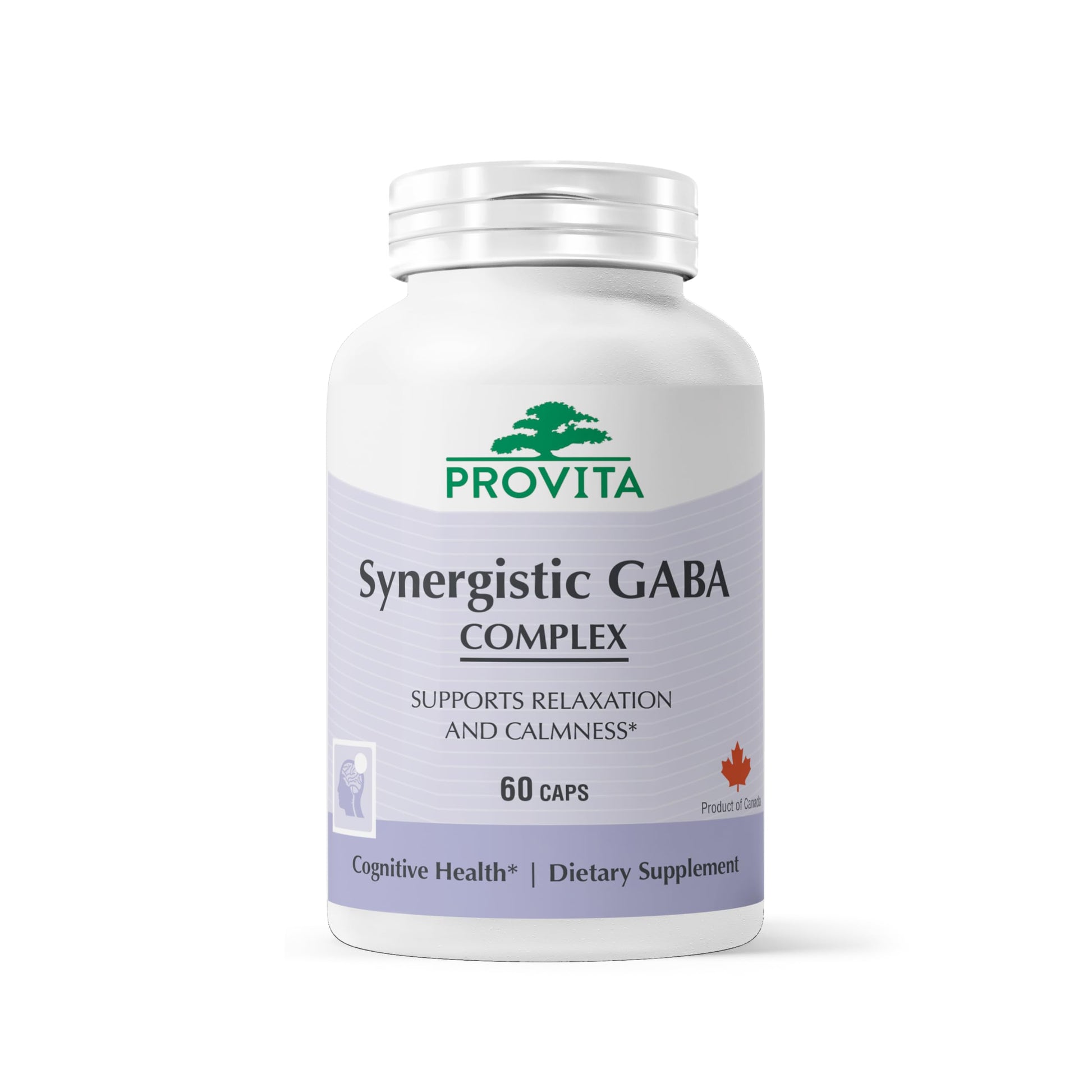Supplement bottle labeled 'Synergistic GABA Complex' by Provita on a white background