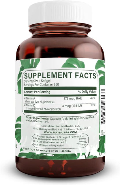 Natural Nutra Norwegian Cod Liver Oil Supplement 250 Softgels | Helps Maintain Skin & Body Density, Eye Health & Nerve Function, Promotes Dental Health, Supports Cardiovascular Health